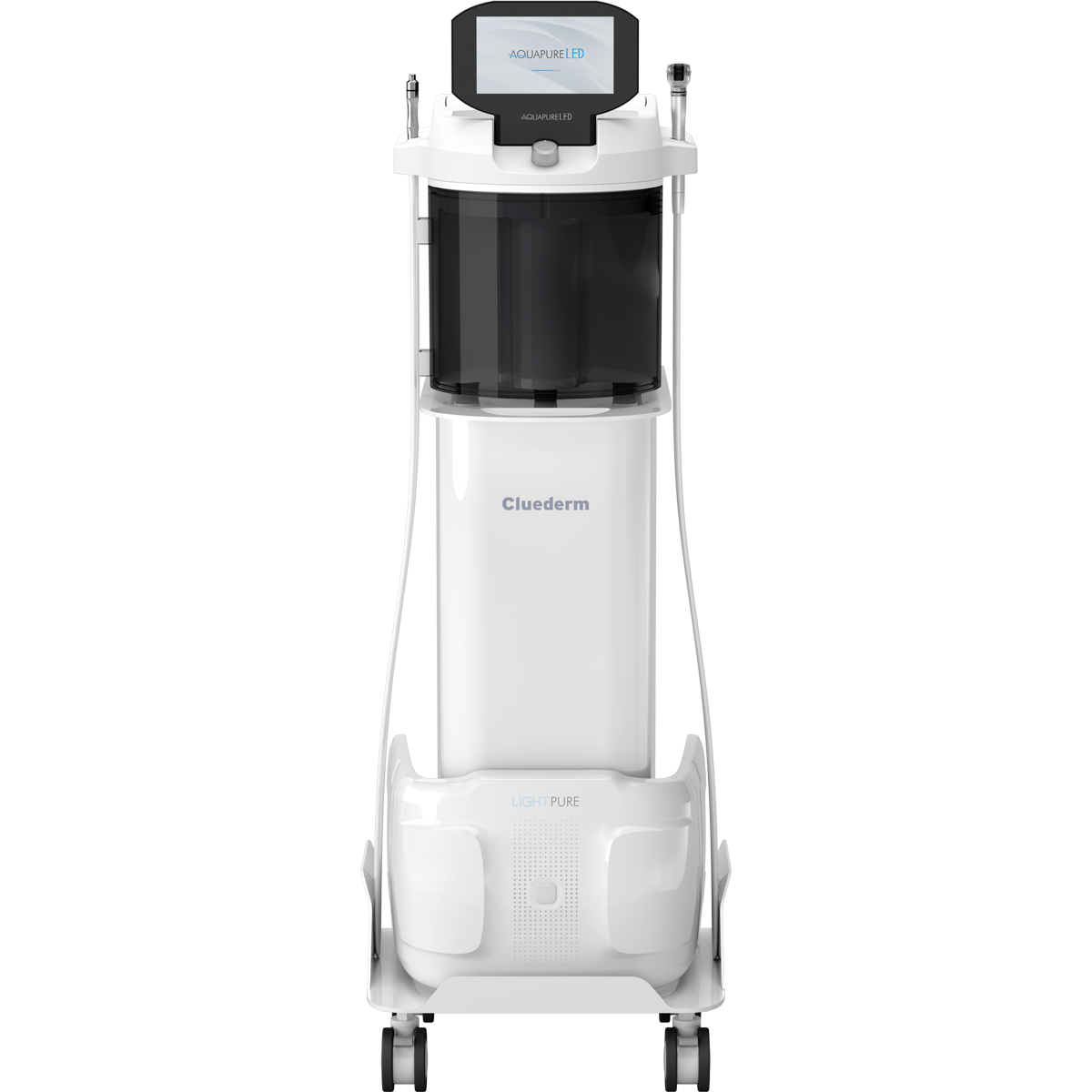Aquapure LED – schéma 4-en-1 : dermabrasion diamant, Aqua-Peel, microneedling, LED 465/520/625 nm