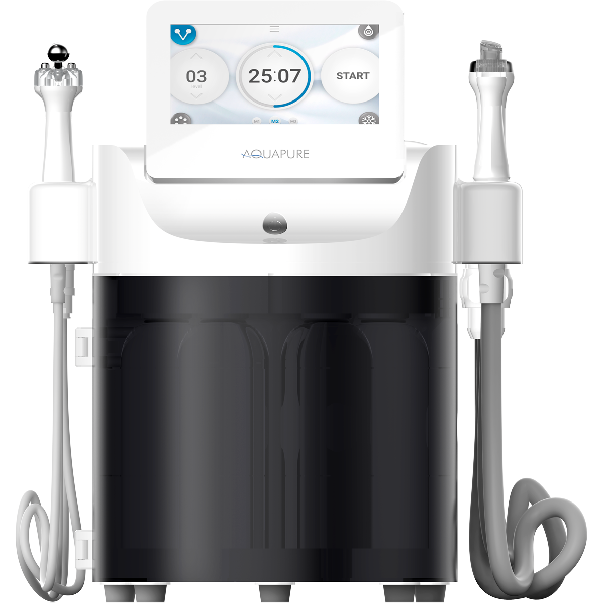 Aquapure I, schéma des 4 technologies : Aqua Flow, électroporation, micro-courants, thermothérapie